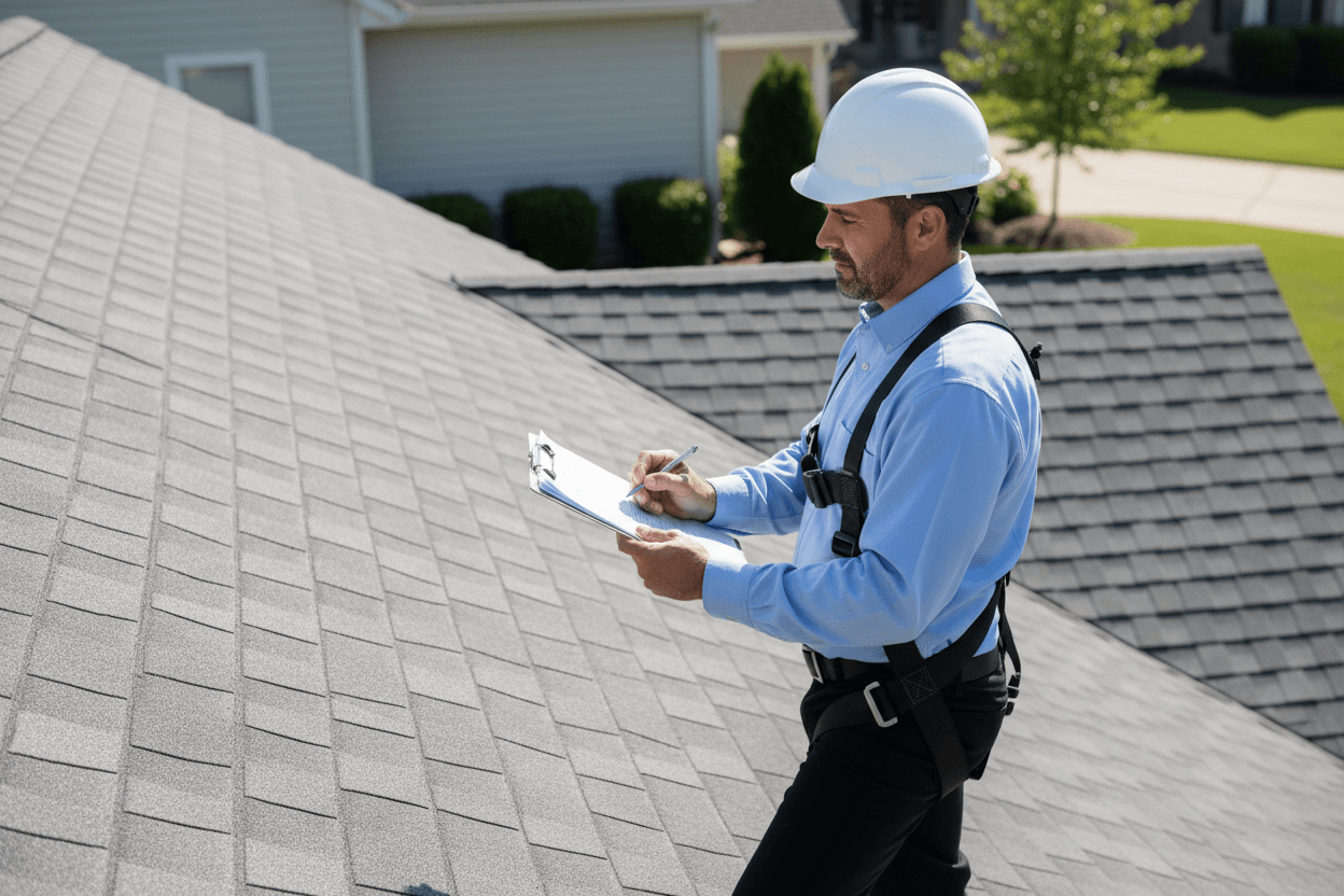 Roofing contractor inspecting a shingle roof in Fort Wayne Indiana.