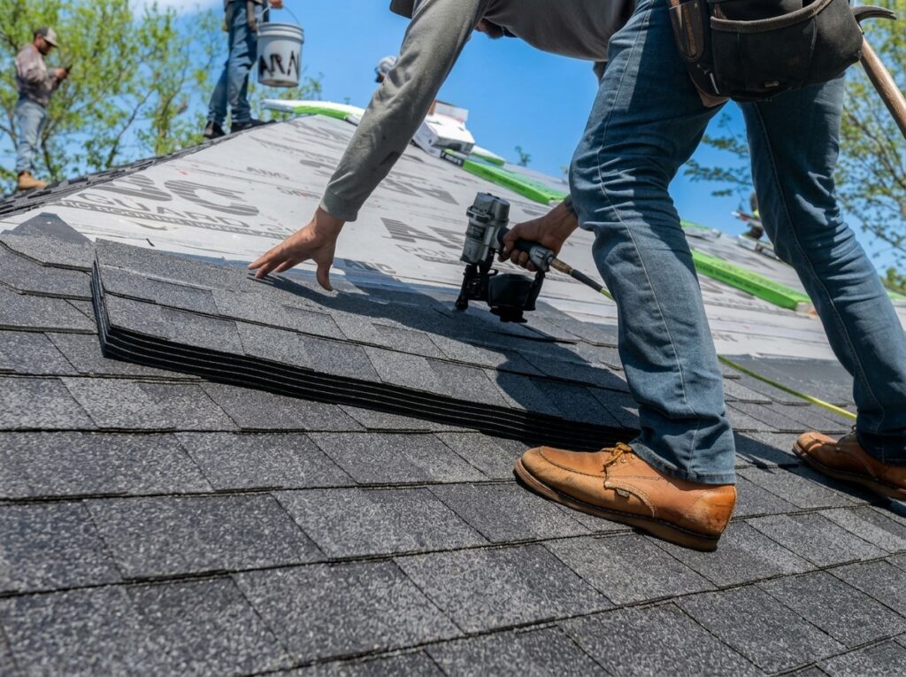 Roofers repairing a damaged shingle on a residential roof in Fort Wayne, Indiana